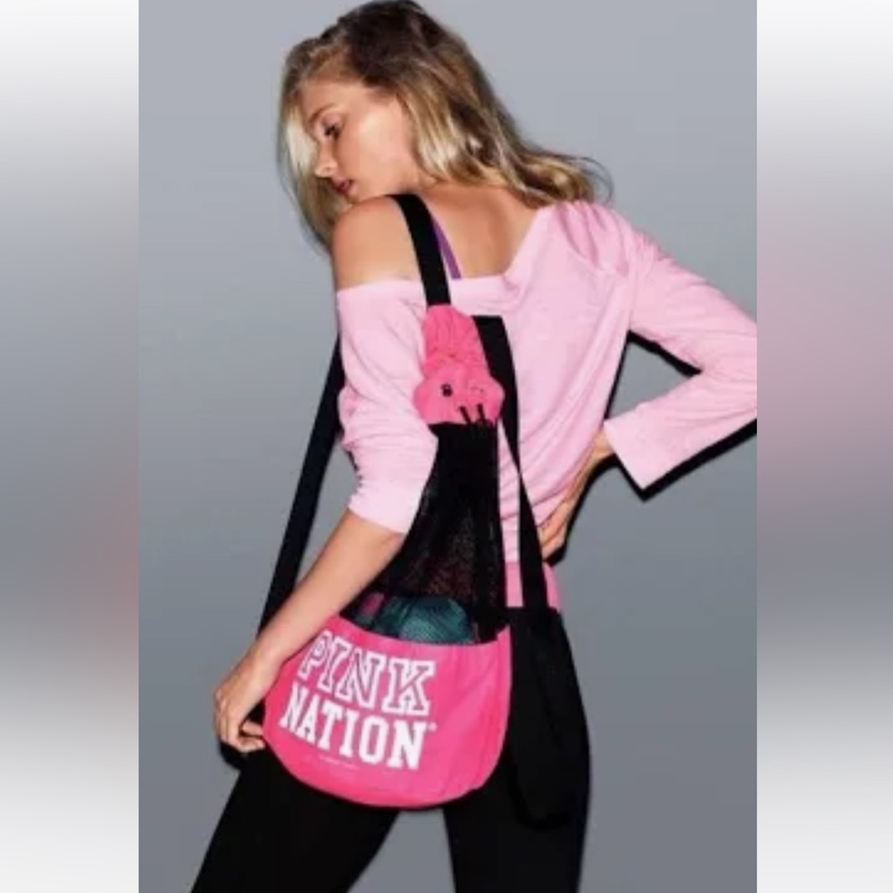 NWOT Victoria’s Secret PINK Nation neon pink/black mesh drawstring backpack